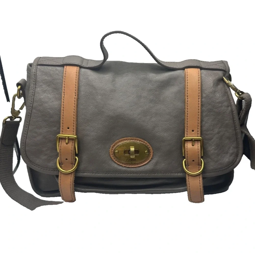 Fossil Vintage Issue 54 Gray Messenger Leather Bag Satchel Buckle Career